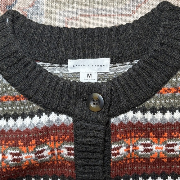 Basin + Range Fair Isle Stripe Wool Blend Crewneck Cardigan - Picture 2 of 5